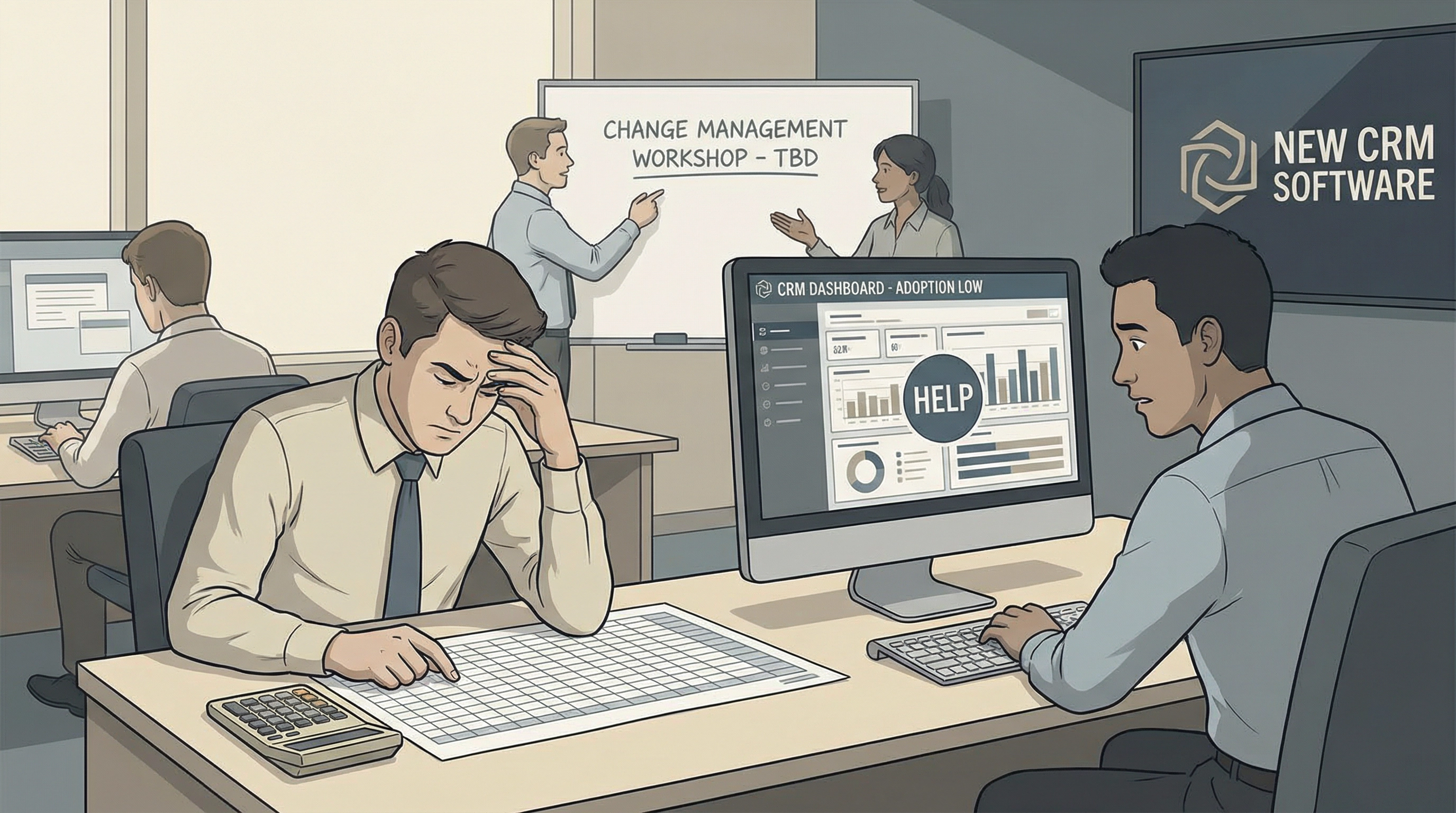 Office workers avoiding new CRM software while continuing to use old spreadsheets, depicting change management resistance