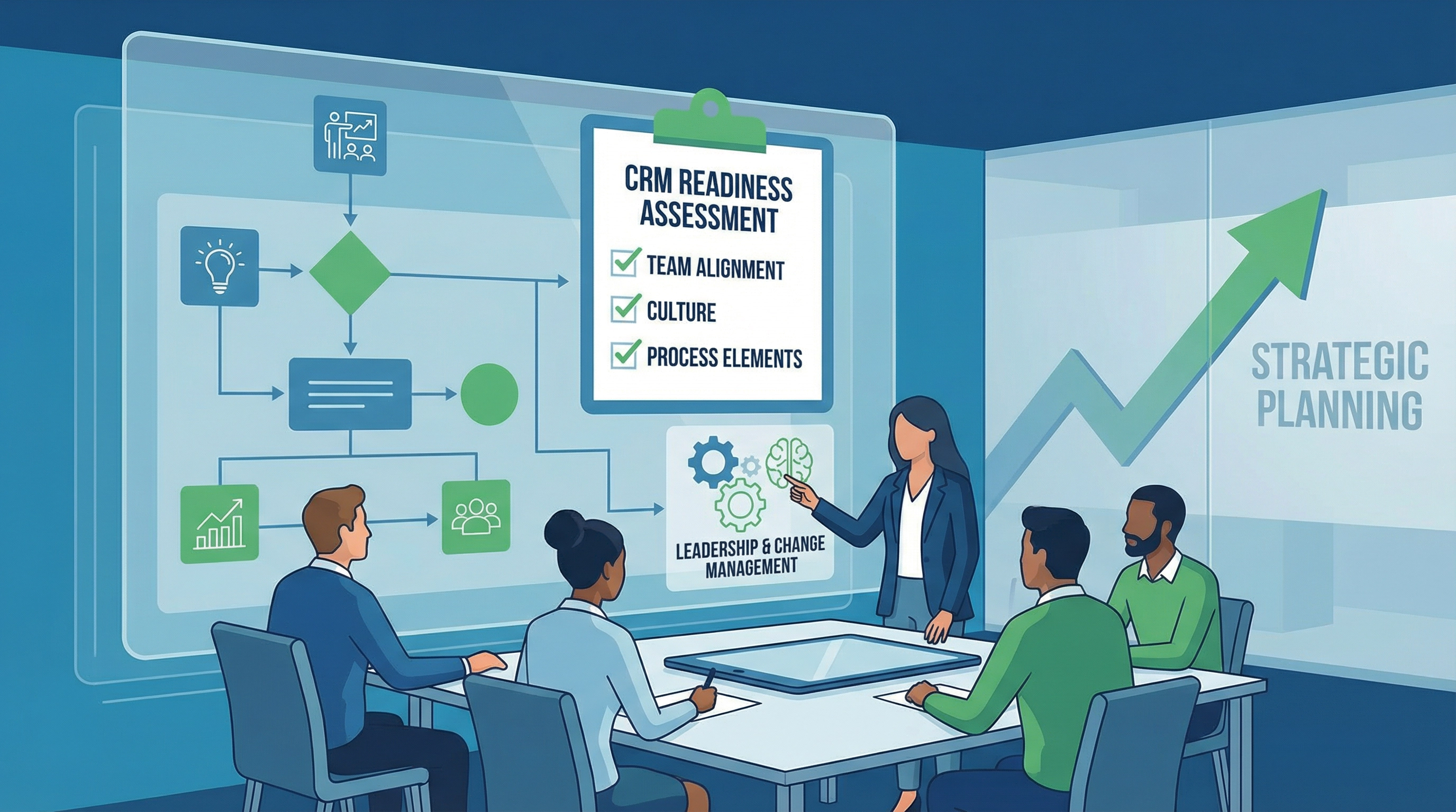Organizational readiness assessment for CRM showing team alignment, culture evaluation, and change management strategy planning in a business meeting